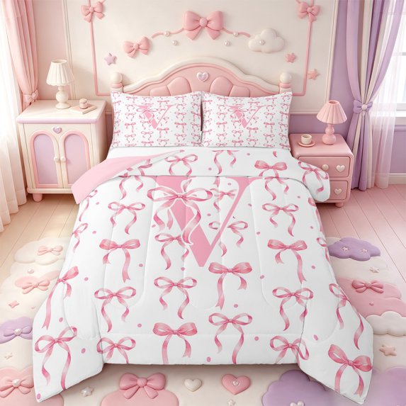 Manfei Coquette Bow Full Size Comforter Sets,Personalized Alphabet V Bedding Comforter Set,Pink Reversible,3 Pieces,1 Comforter and 2 Pillowcases