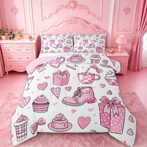 Manfei Coquette Bow Gift Full Size Comforter Sets For Kids,Pink Cupcake Bow Boot Bedding Sets For Girls,Pink Reversible,3pcs