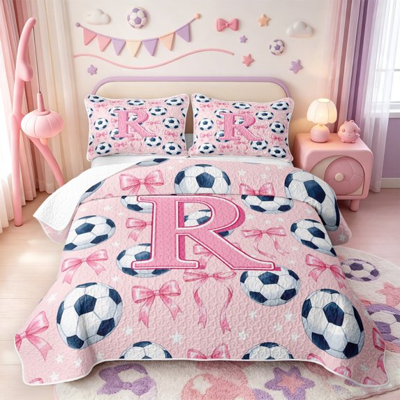 Manfei Coquette Bow Knot Twin Quilt Set,Football Themed Monogram Print R Twin Coverlet Set,3pcs,1 Bedspread and 1 Pillowcase