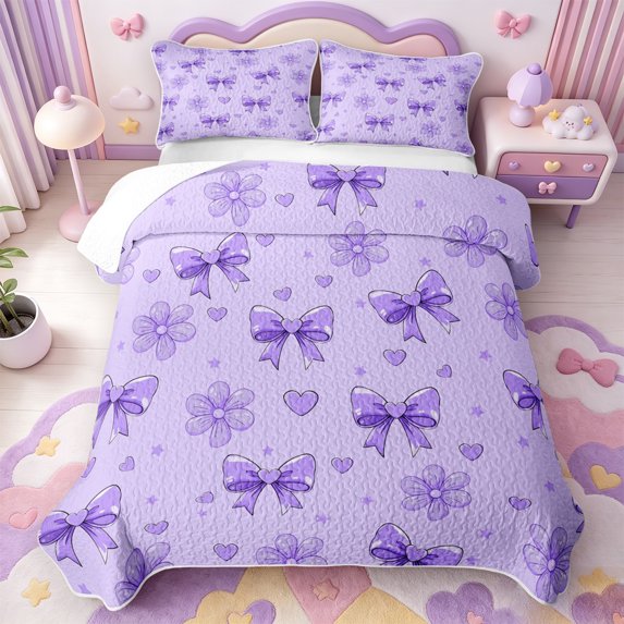 Manfei Coquette Bow Quilt Full,Purple Dreamy Bowtie Full Bedspread Sets,3-Piece,1 Coverlet and 2 Pillowcases