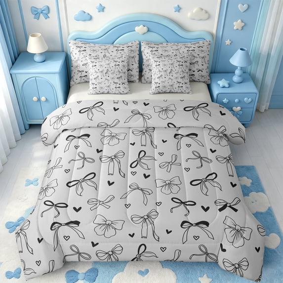 Manfei Coquette Bowknot 7pcs Queen Bedding,Cute Black Bow Bedding Comforter Set Queen,Light Gray Reversible