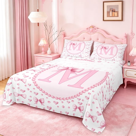 Manfei Coquette Bowknot Heart Full Size Sheets For Girl,Pink Letter M Monogrammed Kids Bed Sheets,4pcs