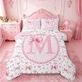 thumbnail image 1 of Manfei Coquette Bowknot Heart Queen Comforter Set For Girl,Pink Letter M Monogrammed Kids Bedding Comforter Set,Pink Reversible,3-Piece, 1 of 7