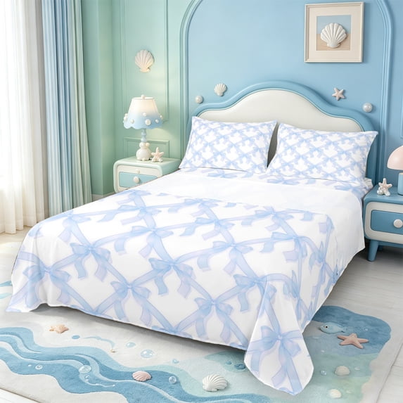Manfei Coquette Bowknot King Sheets,Blue Dreamy Bow Tie Bedding,4 Pieces,1 Flat Sheet,1 Fitted Sheet and 2 Pillowcases