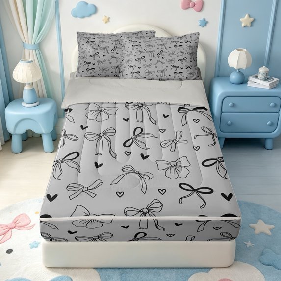 Manfei Coquette Bowknot Zipper Twin Comforter Sets with Fitted Sheet and 2 Pillowcases,Cute Black Bow Zipper Bedding Set,Light Gray Reversible,4pcs