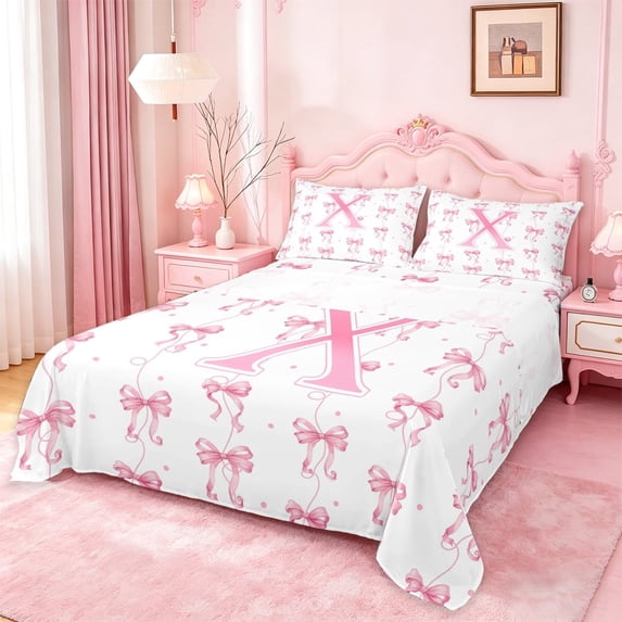 Manfei Coquette Pink Bow Full Size Sheets For Girl,Cute Letter X Monogrammed Bed Sheets For Kids,4pcs