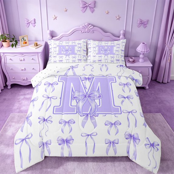 Manfei Coquette Purple Bowknot Full Size Comforter Sets For Girls,Purple 3D Letter M Monogrammed Bedding Sets,Reversible,3-Piece