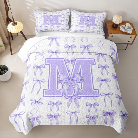 Manfei Coquette Purple Bowknot Twin Quilt Set For Girls,Purple 3D Letter M Monogrammed Twin Coverlet Set,2 Pieces