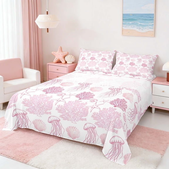 Manfei Coral Starfish Jellyfish Seashell Queen Sheet Sets for Kids Girls, Watercolor Pink White Bed Set 4 Pieces, 1 Flat Sheet, 1 Fitted Sheet and 2 Pillowcases