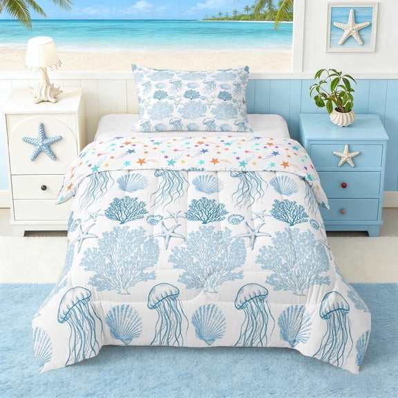 Manfei Coral Starfish Jellyfish Seashell Twin Comforter Sets for Kids Boys and Girls, Watercolor Blue White Bedding Set, Stars Reversible 2-Piece, 1 Comforter and 1 Pillowcase