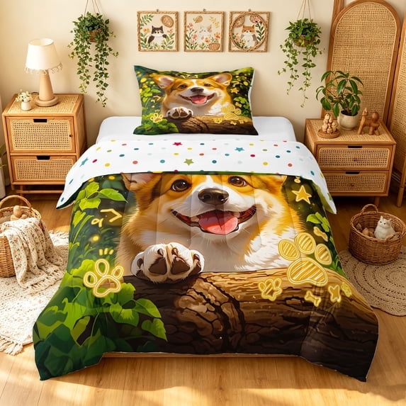 Manfei Corgi Dog Corgi Twin Comforter Sets, Neon Doodle Bedding Set, Green Gold, Polkadot Reversible, 2pcs, 1 Comforter and 1 Pillowcase