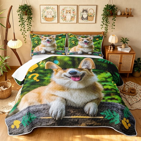 Manfei Corgi Dog Lover Quilt Full, Kawaii Animal Full Bedspread Sets, Yellow Green, 3 Pieces, 1 Coverlet and 2 Pillowcases