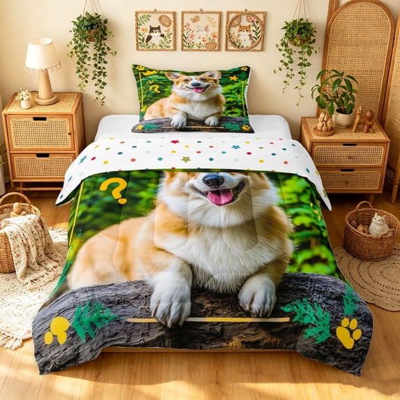Manfei Corgi Dog Lover Twin Comforter Sets, Kawaii Animal Bedding Set, Yellow Green, Polkadot Reversible, 2 Pieces, 1 Comforter and 1 Pillowcase