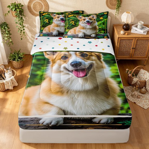 Manfei Corgi Dog Lover Zipper Twin Comforter Sets with Fitted Sheet and 2 Pillowcases, Kawaii Animal Zipper Bedding Set, Yellow Green, Polkadot Reversible, 4 Pieces