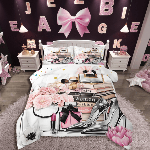 Manfei Cosmetics Perfume 3pcs King Size Comforter Sets,High Heels Bedding Comforter Set,Polka Dots Bedding Set,Ultra Soft Flower Bedroom Decoration,Reversible