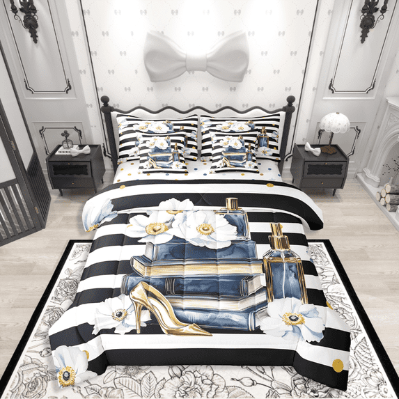 Manfei Cosmetics Perfume 7pcs Bedding Comforter Set,Geometric Stripes Queen Bedding Sets Super Cozy,Crystal Flower Queen Sheet Sets,Lightweight Floral Bedroom Decoration,Reversible