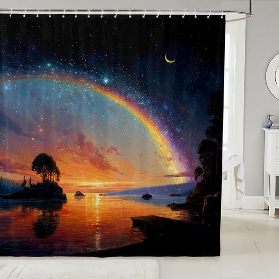 Manfei Cosmic Landscape Shower Curtain 72Wx72L, Starry Sky Lakeside Bathroom Curtain, Navy Orange