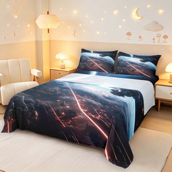 Manfei Cosmic Spaceships Bed Sheets,Celestial Planet Full Size Sheets,Blue Orange Black,4-Piece,1 Flat Sheet,1 Fitted Sheet and 2 Pillowcases