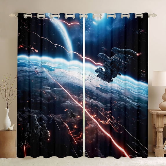 Manfei Cosmic Spaceships Blackout Curtains,Celestial Planet Window Curtains Pack of 2 (38x45 Each),Blue Orange Black