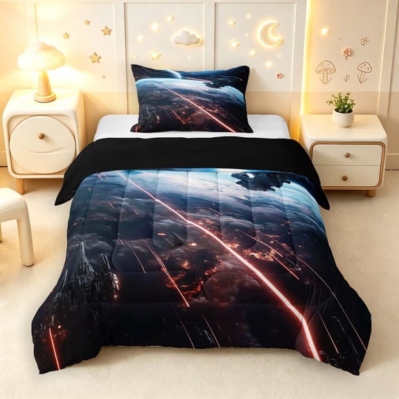 Manfei Cosmic Spaceships Twin Comforter Sets,Celestial Planet Bedding Set,Blue Orange Black,Black Reversible,2pcs,1 Comforter and 1 Pillowcase