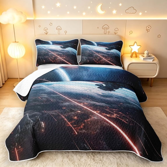 Manfei Cosmic Spaceships Twin Quilt Set,Celestial Planet Twin Coverlet Set,Blue Orange Black,Black Reversible,2pcs,1 Bedspread and 1 Pillowcase