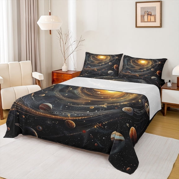 Manfei Cosmos Galaxy Queen Sheet Sets 4 Pieces, Nebula Planet Stars Flat Sheet, Outer Space Universe Queen Fitted Sheet, Ultra Soft Home Decor