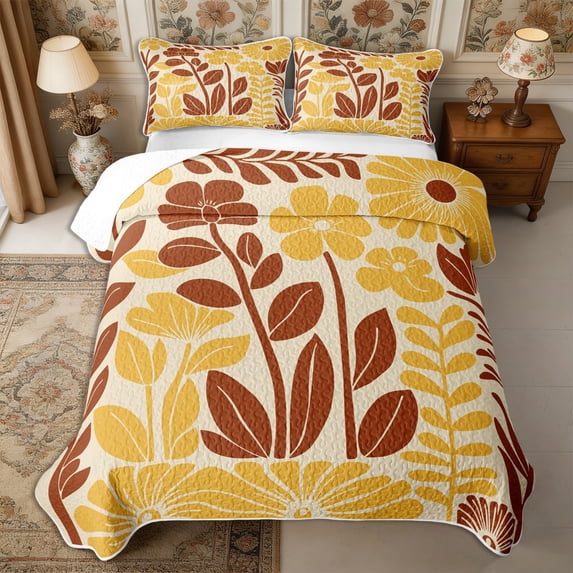 Manfei Cottagecore Blossom Bed Spread Queen 3pcs,Vintage Flowers Leaves Queen Coverlet Set,1 Quilt and 2 Pillowcases