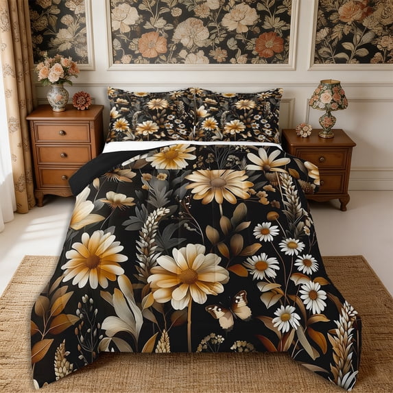 Manfei Cottagecore Blossom Daisy Queen Comforter Set 3 Pieces,Vintage Flowers Leaves Comforter Sets Queen,1 Comforter and 2 Pillowcases,Reversible