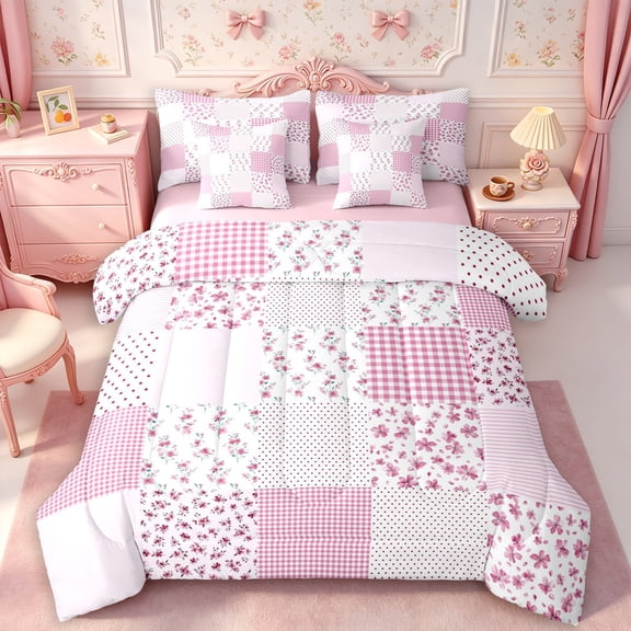 Manfei Cottagecore Blossom Full Size Bedding Sets 7 Pieces,Geometric Polka Dots Plaid Full Size Bed in a Bag,Reversible