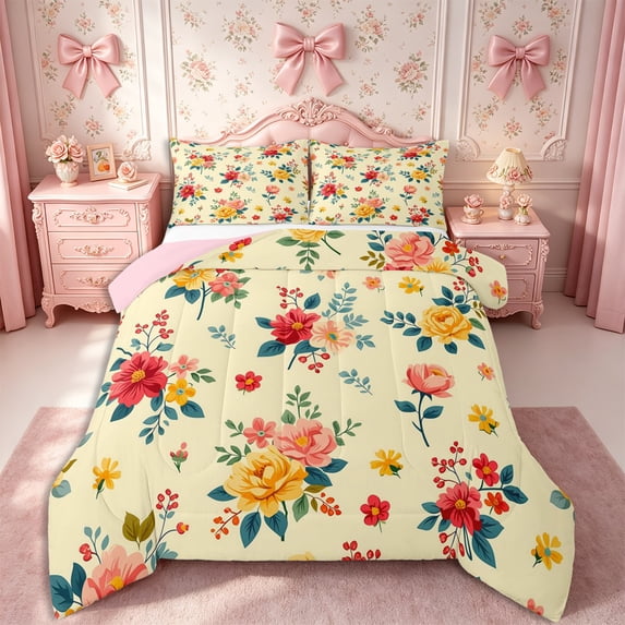 Manfei Cottagecore Blossom King Size Comforter Sets 3pcs,Vintage Flowers Comforters King Size,1 Comforter and 2 Pillowcases,Reversible