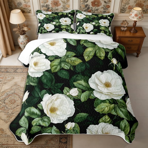 Manfei Cottagecore Blossom Peony Bed Spread Queen 3pcs,Vintage Flowers Leaves Queen Coverlet Set,1 Quilt and 2 Pillowcases