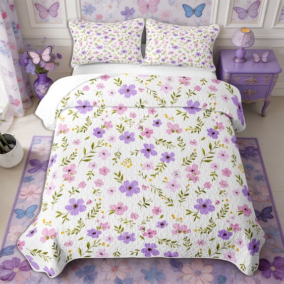 Manfei Cottagecore Blossom Quilt Full 3-Piece,Spring Flowers Leaves Full Bedspread Sets,1 Coverlet and 2 Pillowcases