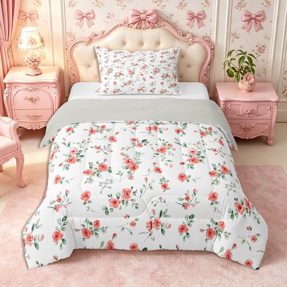 Manfei Cottagecore Blossom Rose Twin Comforter Sets 2pcs,Romantic Flowers Leaves Bedding Set,1 Comforter and 1 Pillowcase,Reversible