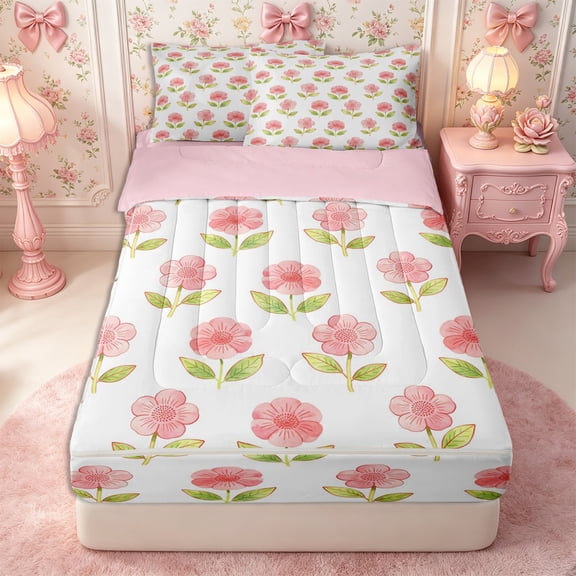 Manfei Cottagecore Blossom Zipper Twin Comforter Sets with Fitted Sheet and 2 Pillowcases,Cartoon Flowers Leaves Zipper Bedding Set,Reversible