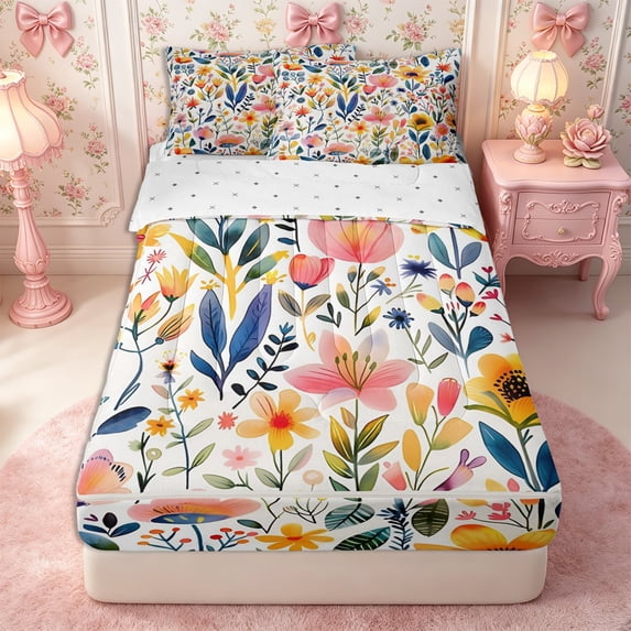 Manfei Cottagecore Blossom Zipper Twin Comforter Sets with Fitted Sheet and 2 Pillowcases,Vintage Flowers Leaves Zipper Bedding Set,Reversible