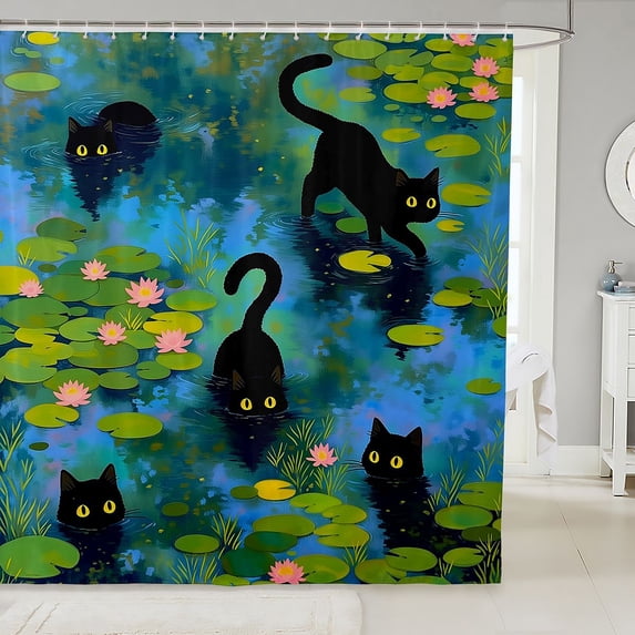 Manfei Country Black Cat Shower Curtain 72Wx84L, Lily Pond Bathroom Shower Curtain, Teal Green