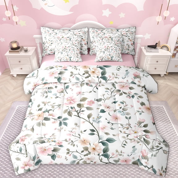 Manfei Country Floral 7-Piece Twin Bedding Sets,Rustic Plant Flower Bedding Comforter Set,White Green Pink Sheet Sets For Teens,Super Cozy Room Decor Reversible