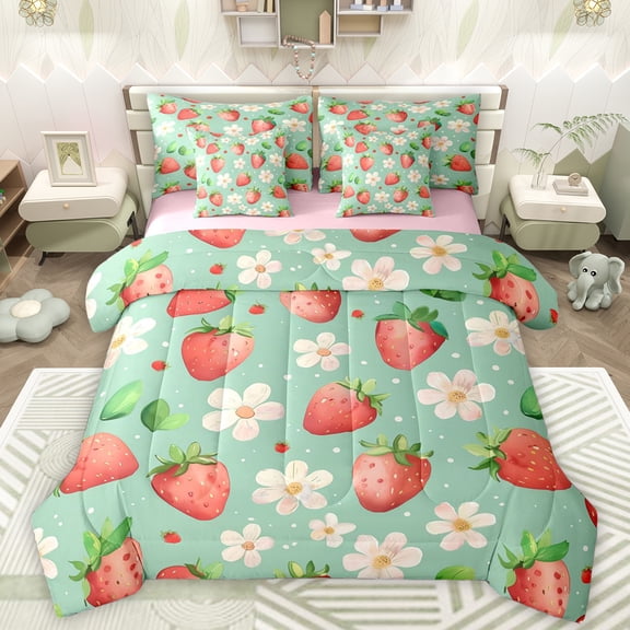 Manfei Country Floral 7 Pieces Bedding Comforter Set,Cute Strawberries Full Bedding Set,Kawaii Daisy Fitted Sheet Flat Sheet For Girls,Luxury Bedroom Decor Reversible
