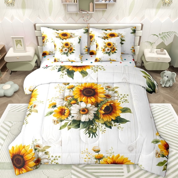Manfei Country Floral 7pcs Bedding Comforter Set,Rustic Botanical Sunflower Queen Bedding Sets,Yellow White Queen Sheet Sets For Adult,Breathable Home Decor Reversible