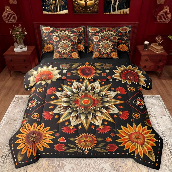 Manfei Country Floral Daisy 7-Piece Twin Bedding Sets,Rustic Botanical Bedding Comforter Set,Black Orange Sheet Sets For Kids,Breathable Home Decor Reversible
