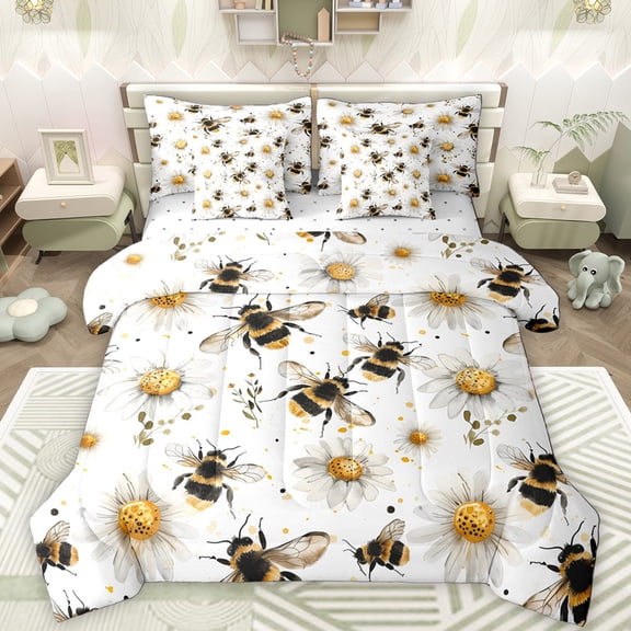 Manfei Country Floral Daisy 7-Piece Twin Bedding Sets,Rustic Flying Bee Bedding Comforter Set,White Yellow Black Sheet Sets For Teens,Super Cozy Room Decor Reversible