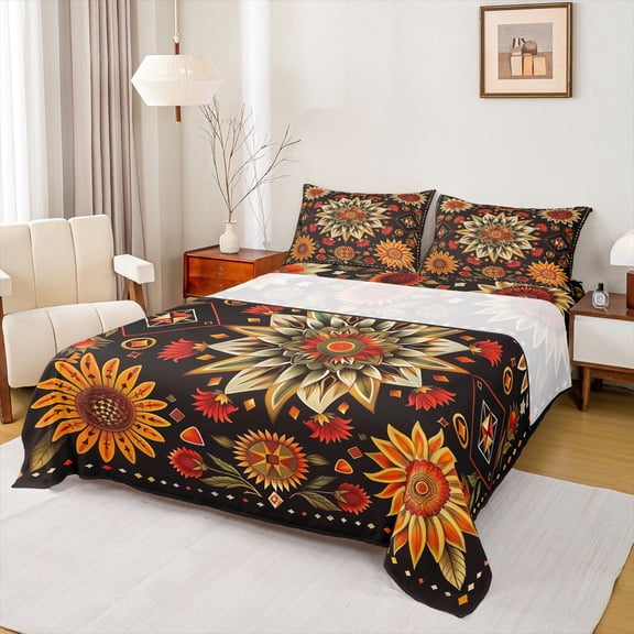 Manfei Country Floral Daisy Full Size Sheets,Rustic Botanical Bed Sheets,Black Orange Sheet Sets For Kids,Breathable Home Decor,4 Pieces