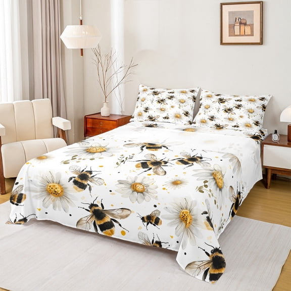 Manfei Country Floral Daisy Queen Sheet Sets,Rustic Flying Bee Flat Sheet,White Yellow Black Queen Fitted Sheet For Teens,Super Cozy Room Decor,4pcs
