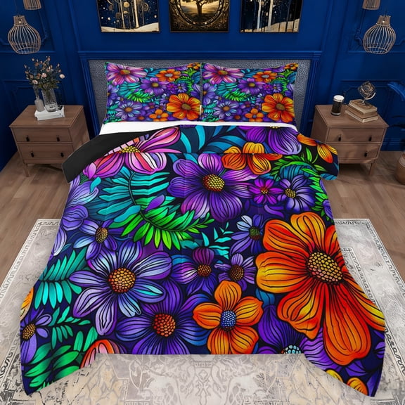 Manfei Country Floral Full Size Comforter Sets,Rustic Botanical Bedding Comforter Set,Purple Orange Flowers Bedding Sets For Kids,Breathable Home Decor Reversible,3pcs