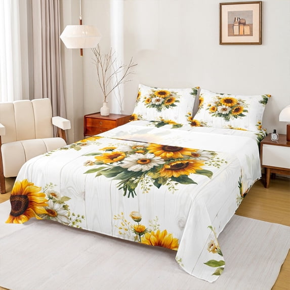 Manfei Country Floral Full Size Sheets,Rustic Botanical Sunflower Bed Sheets,Yellow White Sheet Sets For Adult,Breathable Home Decor,4-Piece
