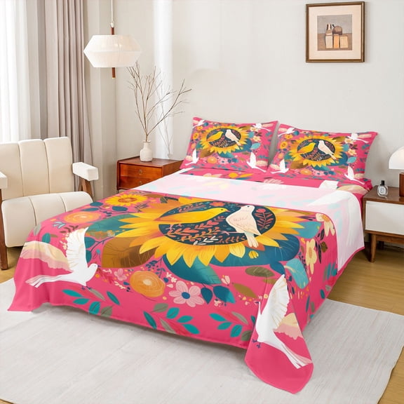 Manfei Country Floral Sunflower Bed Sheets,Wild White Bird King Sheets,Cute Flower Blossom Sheet Set For Kids,Luxury Bedroom Decor,4-Piece