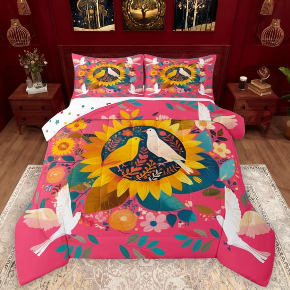 Manfei Country Floral Sunflower Queen Comforter Set,Wild White Bird Bedding Sets,Cute Flower Blossom Bedding Comforter Set For Kids,Luxury Bedroom Decor Reversible,3pcs
