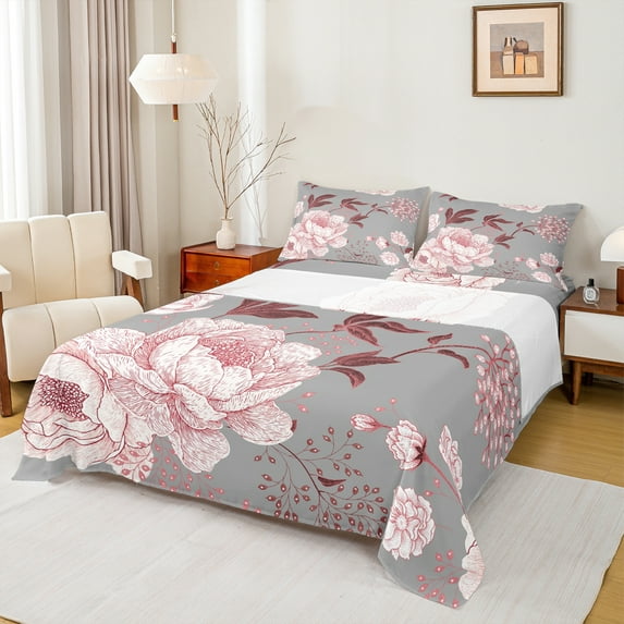 Manfei Country Flower Floral Full Size Sheets,Rustic Farmhouse Cabin Bed Sheets,Pink Gray Sheet Sets For Girls,Luxury Bedroom Decor,4-Piece