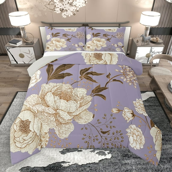 Manfei Country Flower Floral Queen Comforter Set,Rustic Farmhouse Cabin Bedding Sets,Beige Purple Brown Bedding Comforter Set For Girls,Luxury Bedroom Decor Reversible,3-Piece