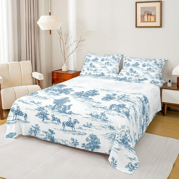 Manfei Country Framhouse Cowboy Full Size Sheets,Wild Horse Tree Bed Sheets,Blue White Sketch Sheet Sets,Microfiber Room Decor,4pcs